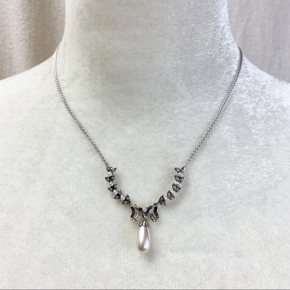 Van Kempen Sterling silver Faux Pearl and Crystal leaf Bow Necklace